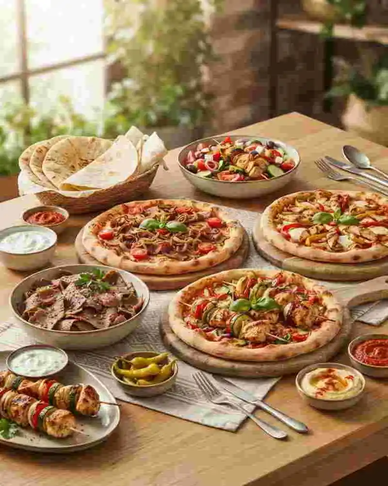Pizza på bricka med tillbehör